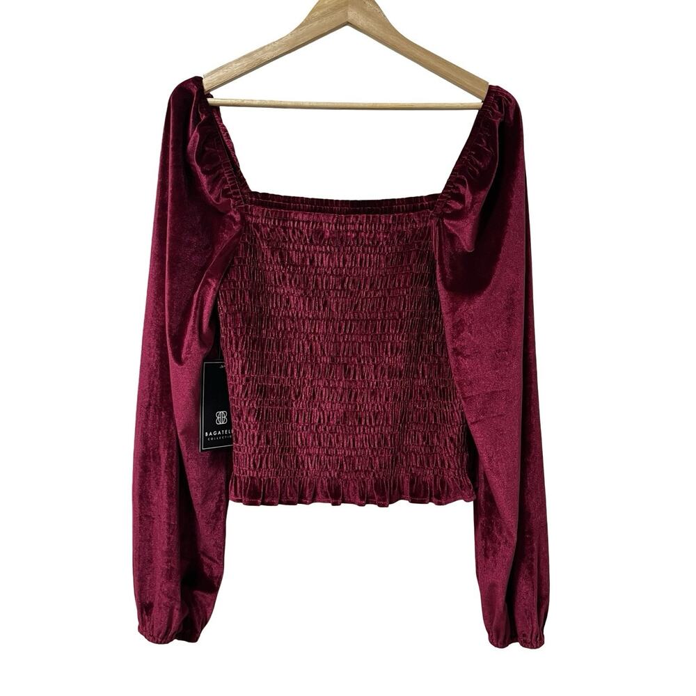 Bagatelle Collection‎ Womens Smocked Velvet Top Size XL Burgandy Square Neck NWT